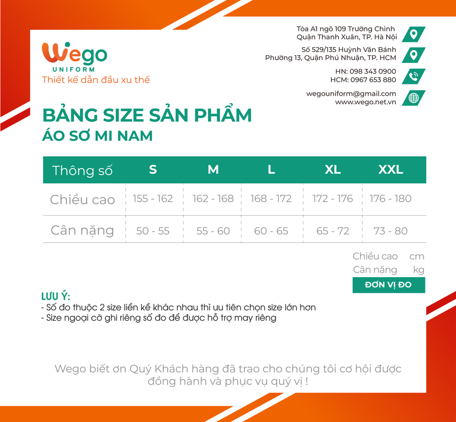 bảng size sơ mi đồng phục wego uniform