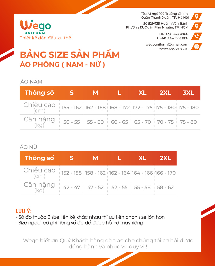 bảng size đồng phục áo phông wego uniform