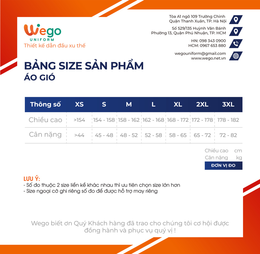 bảng size đồng phục áo gió wego uniform