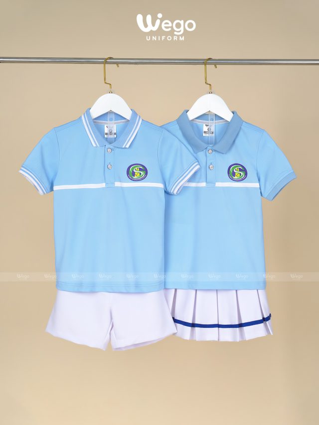 Đồng phục mầm non màu xanh biển phối trắng