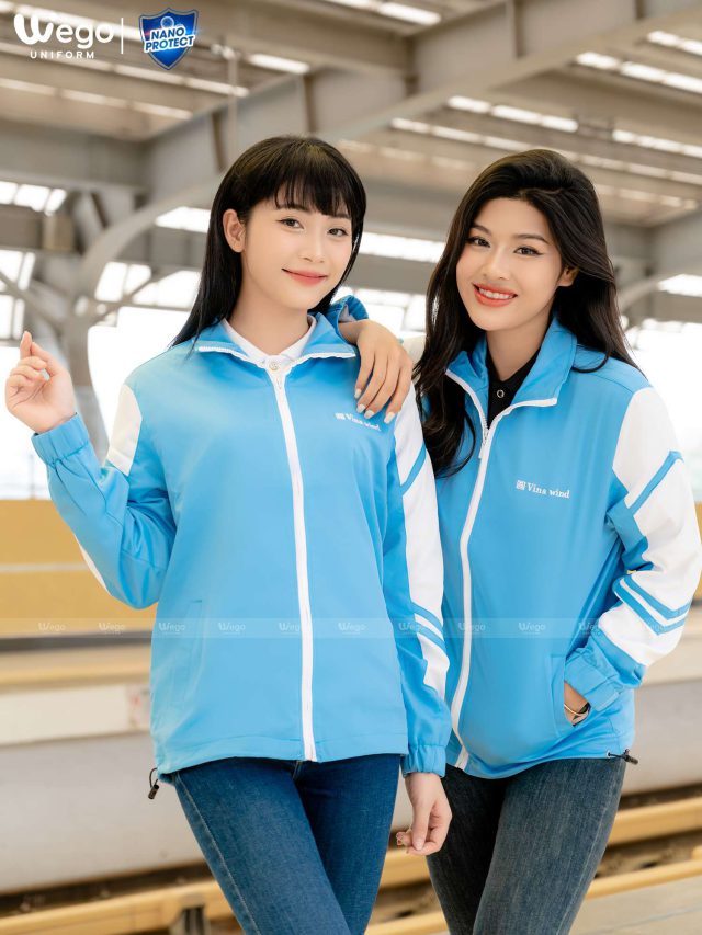 Đồng phục áo gió Nano Protect màu xanh tân đảo phối trắng