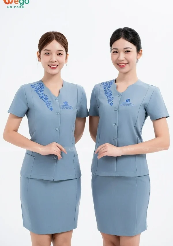 Đồng phục spa Màu xanh xám cổ cách điệu 01