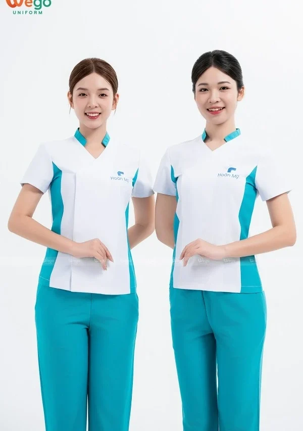 Đồng phục spa Màu trắng phối xanh 01