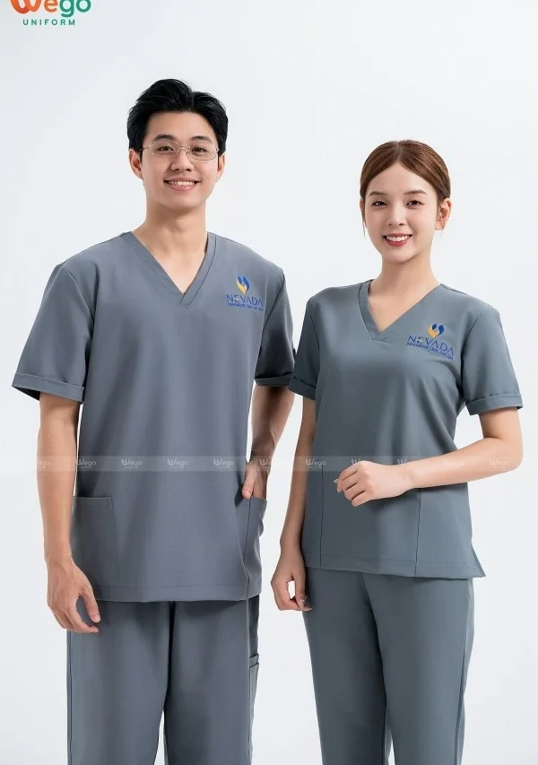 Đồng phục spa Màu ghi cổ V 01