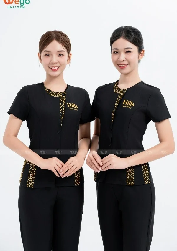 Đồng phục spa Màu đen thêu phối nẹp 01