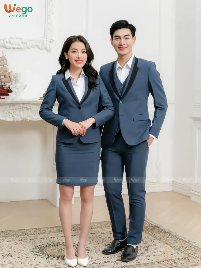 Đồng phục vest nam nữ màu xám xanh phối đen