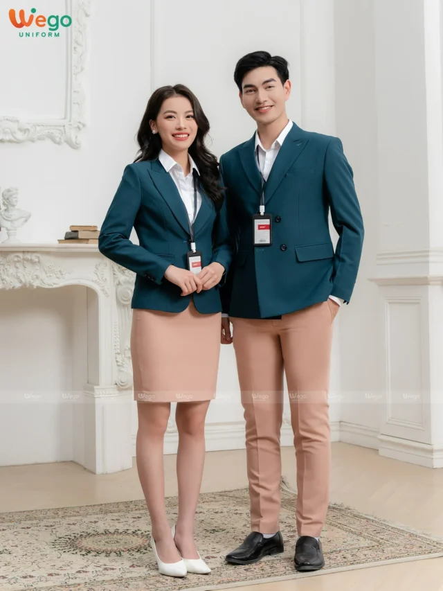 Đồng phục vest nam nữ màu xanh cổ vịt DPV009